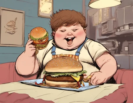 a fat kid eating a burger, jsmn style <lora:jsmnStyle:1>