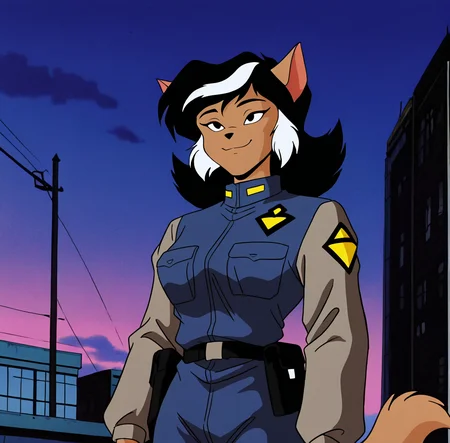 <lora:felinaferal_illustrious:1>, retro style, screencap,cel shaded, (masterpiece), (best quality), (ultra-detailed), amazing quality, very aesthetic, illustration, perfect composition, intricate details, absurdres, incredibly absurdres, felinaferal, solo, smile, animal ears, closed mouth, white hair, dark skin, two-tone hair, brown fur, body fur, cat girl, cat ears, black hair, furry female, 1girl, outside, uniform, tail,