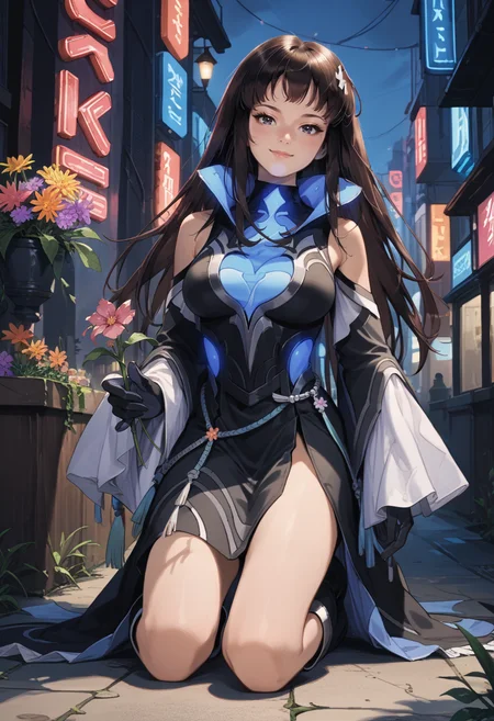 score_9, score_8_up, score_7_up, source_anime, 1girl, kneeling, looking at viewer, smile, <lora:KarlaFE-pdxl:1> resKarla, long hair, hairclip, black dress, large breasts, high collar, detached sleeves, wide sleeves, black gloves, knee boots, black footwear, outdoors, neon lights, holding flower