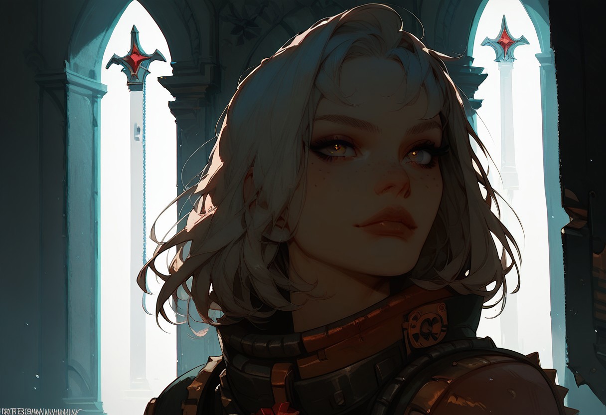 ((score_9_up, score_8_up, score_7_up:1.5)), 1girl, solo, ( short white hair, long sidelocks, hair framing her face, messy bangs, hazel eyes, freckles), female, in gothic temple, sexy, slutty, great lighting, Expressiveh, beautiful, expressive eyes, (((masterpiece, best quality, perfect anatomy))), athletic body, slightly muscular, fit body, abs, score_9_up, very aesthetic, flawless, repentia, hood, chain, bandages, underboob, muscular, boots, sword, holding chainsword, chainsword in hand