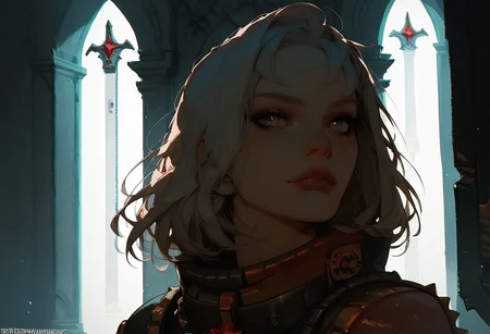 ((score_9_up, score_8_up, score_7_up:1.5)), 1girl, solo, ( short white hair, long sidelocks, hair framing her face, messy bangs, hazel eyes, freckles), female, in gothic temple, sexy, slutty, great lighting, Expressiveh, beautiful, expressive eyes, (((masterpiece, best quality, perfect anatomy))), athletic body, slightly muscular, fit body, abs, score_9_up, very aesthetic, flawless, repentia, hood, chain, bandages, underboob, muscular, boots, sword, holding chainsword, chainsword in hand