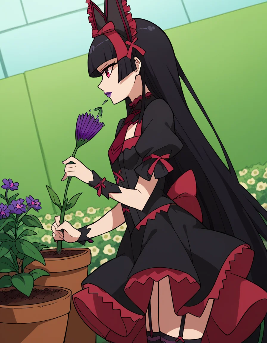 score_9, score_8_up, score_7_up, source_anime, <lora:rory-mercury-s1s2-ponyxl-lora-nochekaiser:1>, rory mercury, long hair, black hair, red eyes, bangs, blunt bangs, hime cut,, thighhighs, bow, ribbon, hair ribbon, garter straps, dress, black dress, puffy sleeves, frills, detached sleeves, necktie, red necktie, lipstick, purple lipstick,, gardening, watering plants, backyard, flowers blooming, sunny day,, , , from side, solo,, cowboy shot, dutch angle