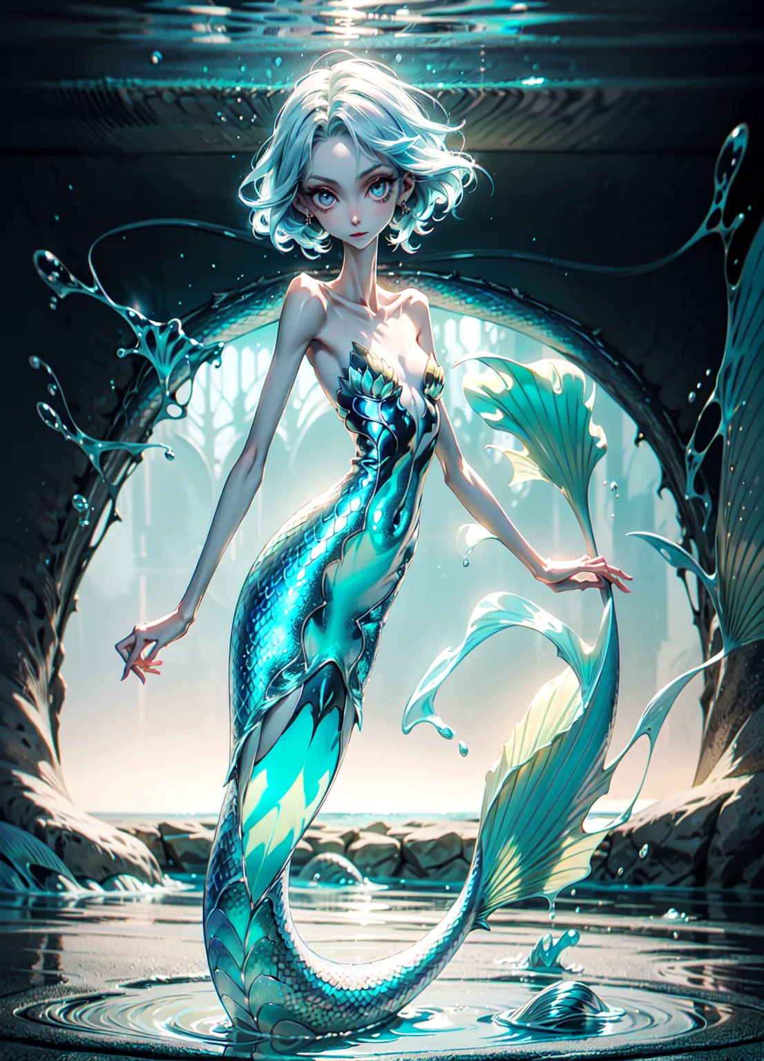 1girl, mermaid girl,slime substance, melting, colored skin, full body, mermaid, mature female, Original Character, Volumetric Lighting, Best Shadows, Shallow Depth of Field, Stunningly Beautiful Girl, Delicate Beautiful Attractive Face, <lora:anti_longtorso_v10:1> <lora:weight_slider_v2:-5>
