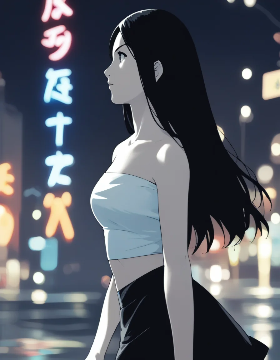 score_9, score_8_up, score_7_up, source_anime, <lora:ray-animation-ponyxl:1> kasuganoray, pale skin, black hair, tube top, black skirt, microskirt,
1girl, solo, upper body,walking, from side, night, neon lights, city lights