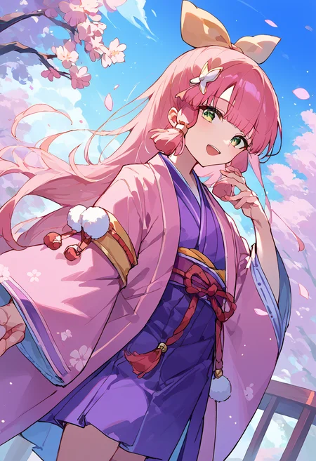 score_9,score_8_up,score_7_up,source_anime,zPDXL3,
*//*,<lora:KannaSakuno_Pony:1>,sakuno_hime,1girl,solo,pink hair,long hair,blunt bangs,green eyes,hair bow,japanese clothes,purple kimono,pink kimono,wide sleeves,pom pom (clothes),open mouth,:d,long sleeves,hair ornament,bow,outdoors,petals,cherry blossoms,day,blue sky,sky,hand up,light smile,
*//*,looking at viewer,cowboy shot,dutch angle,dynamic pose,