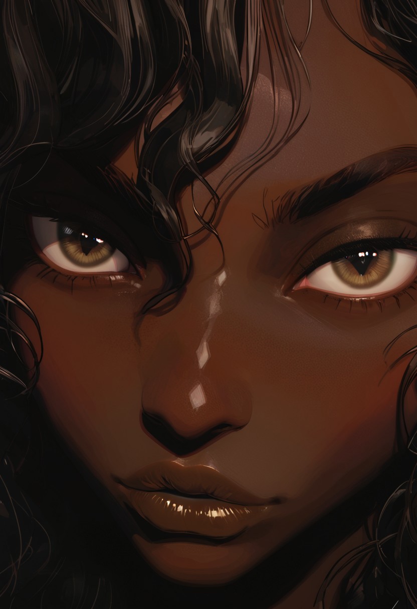 score_9, score_8_up, score_7_up, 1girl, (black woman, black skin, curvy, dark skin, ebony skin, black hair, long hair, wavy hair, hazel eyes, pretty eyes, wide nose, large breasts, long legs, rectangular shape body, thin eyebrows, long raised nose, full lips, diamond shape face, close set eyes), night time, bar, dim light, front view, face focus