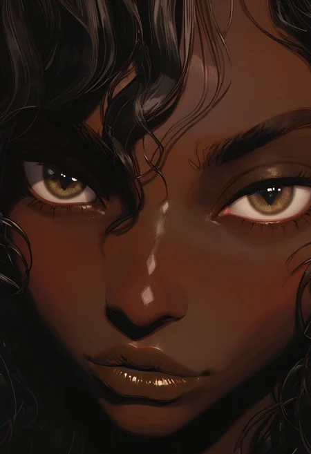score_9, score_8_up, score_7_up, 1girl, (black woman, black skin, curvy, dark skin, ebony skin, black hair, long hair, wavy hair, hazel eyes, pretty eyes, wide nose, large breasts, long legs, rectangular shape body, thin eyebrows, long raised nose, full lips, diamond shape face, close set eyes), night time, bar, dim light, front view, face focus