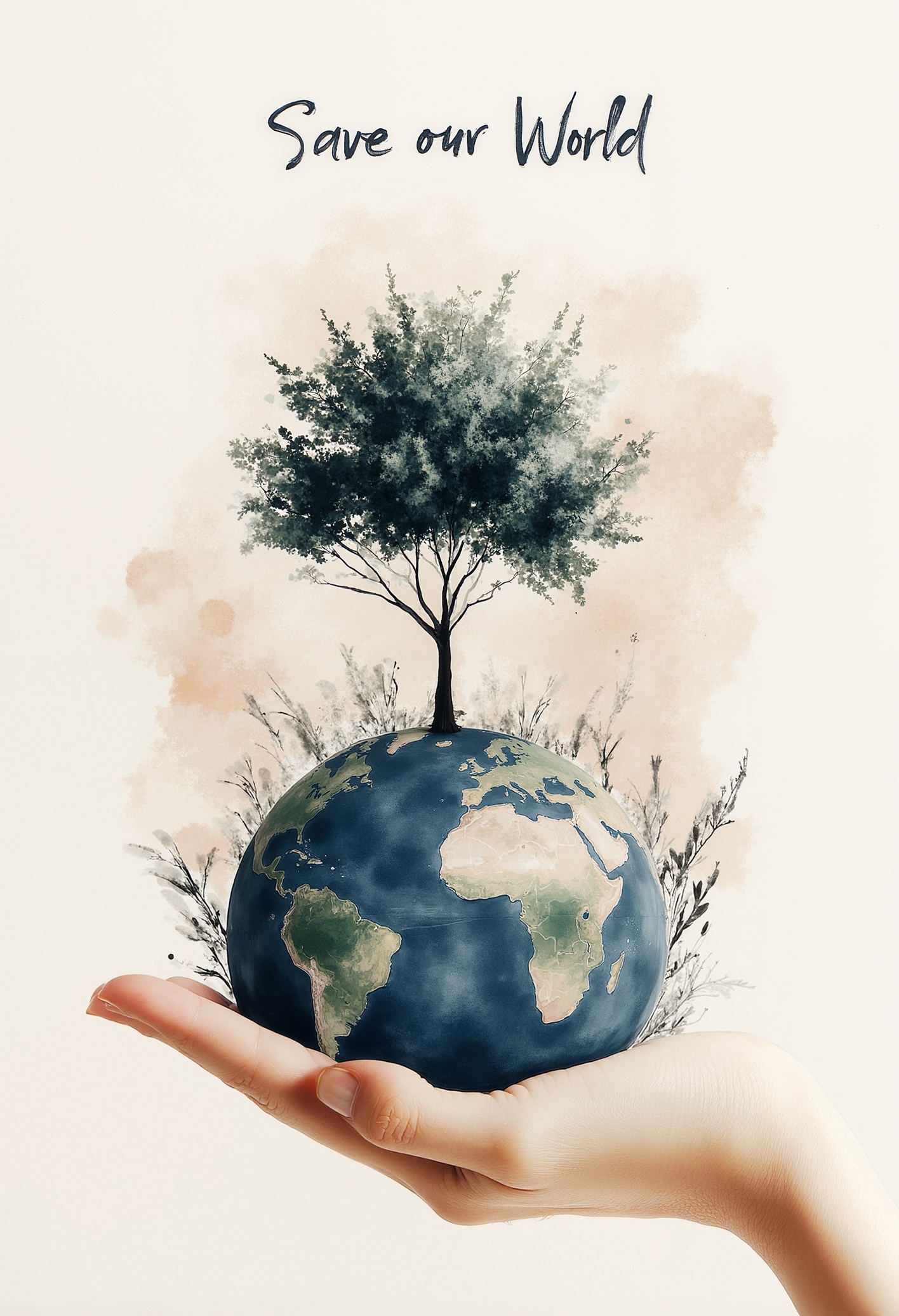pst007, AI, Artificial Intelligence Concept, a digital world in his hand, on the top of the world a green tree, Futuristic technology transformation, Writing above "Save our World"