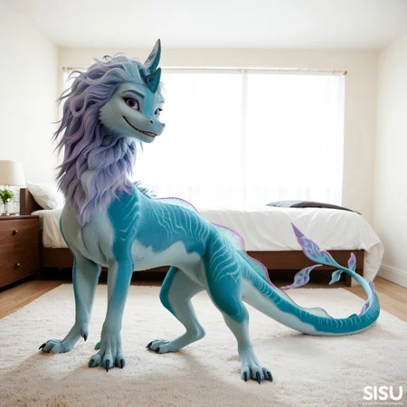 core_9, score_8_up, score_7_up, score_6_up, masterpiece, high quality, realistic, detailed, best quality, 1girl, solo, rating_safe, source_furry, bedroom, white bed, smiling, seductive, looking at viewer, standing up, negative_hand, full body, feral, sisu_ratld, dragon, tail, claws, double horns, blueish purple hair, blue fur, back dorsal fins, purple eyes, female, 1girl, feral, long body, full body