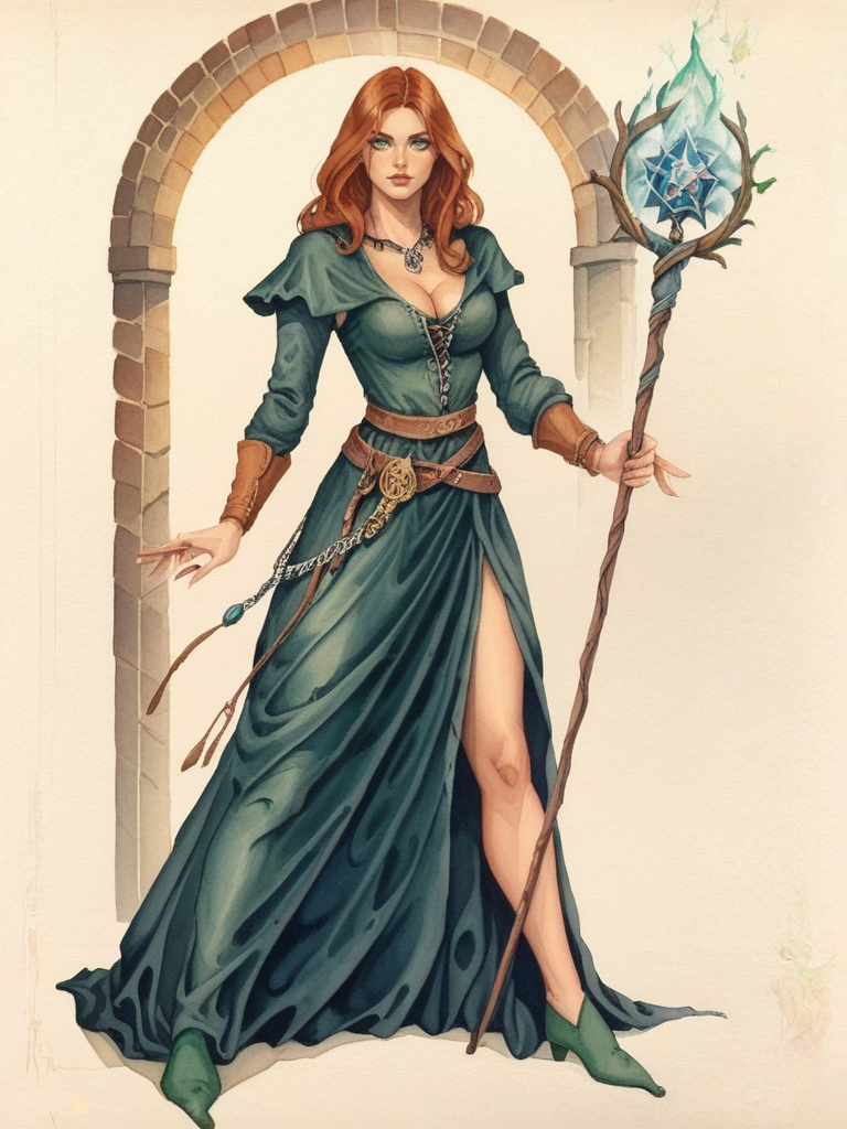 score_9, score_8_up, score_7_up, oblivionarts, solo, 1girl, black velvet dress, slit dress, long legs, sorceress, magic staff, exposed midriff, simple background, cowl, cleavage, traditional art, medieval, <lora:Oblivion:1>