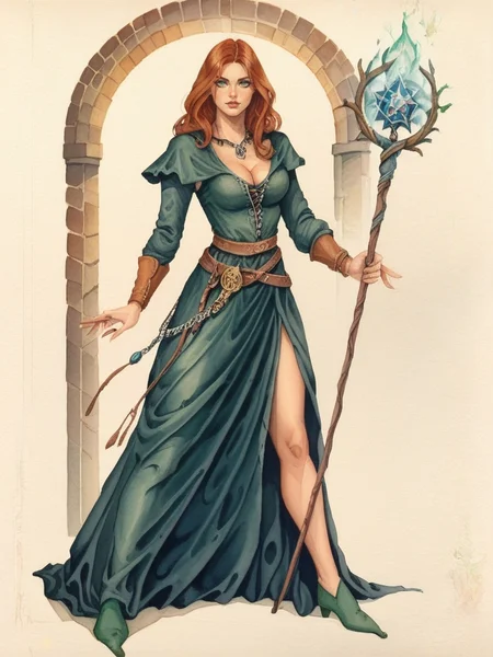 score_9, score_8_up, score_7_up, oblivionarts, solo, 1girl, black velvet dress, slit dress, long legs, sorceress, magic staff, exposed midriff, simple background, cowl, cleavage, traditional art, medieval, <lora:Oblivion:1>