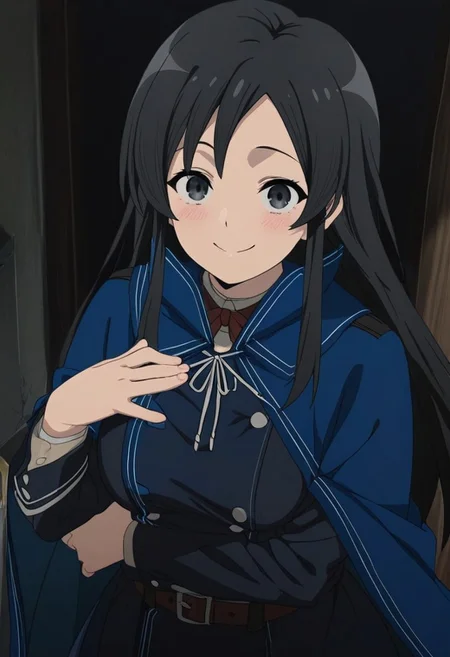 Shizuka_Nanahoshi,1girl,Outfit1,solo,masterpiece,amazing quality,smiling,blue cape,uniform,looking at viewer