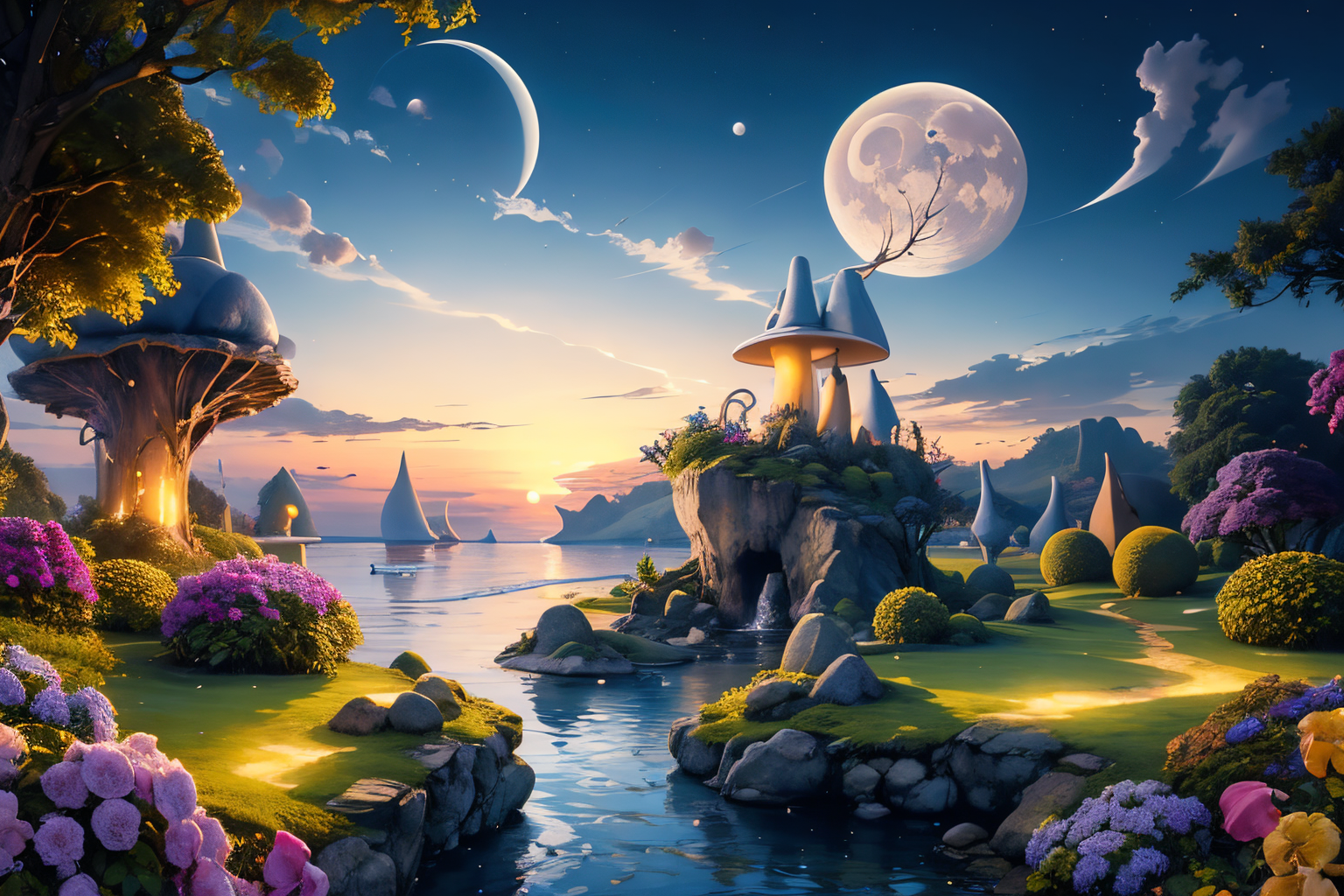 (Realistic:1.5) EdobFairyTaleLandscape, stream, sky, statue, tree stump, garden, hydrangea, floating island, crescent moon, horizon, rain, <lora:EdobFairyTaleLandscape_v1.0:0.8>