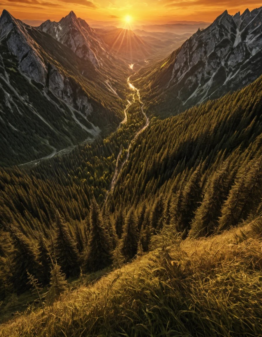 naturelora, landscape, sunset, mountain, forest,Hyper Detailed, Extreme detail, intricate textures, high-resolution, sharp focus