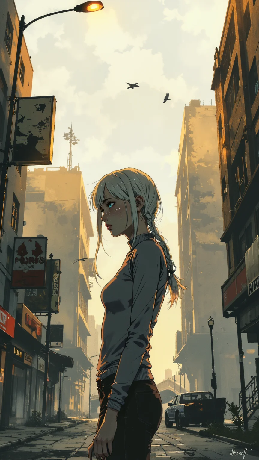 High-resolution semi-realistic anime-style illustration, bold digital brushwork with textured painterly strokes, upper body shot of a young woman standing in the middle of an abandoned city at dawn, golden morning light breaking through thick fog, casting long shadows. Her ash-blonde hair is styled into loose twin braids, strands falling across her weary blue eyes, her lips slightly parted as she exhales into the cold air. She wears a tight, turtleneck sweater that hugs her figure. The cracked pavement beneath her is lined with overgrown weeds, faded billboards flicker weakly above empty storefronts, and distant crows circle over a collapsed bridge. Painterly muted grays, soft golds, and cold blues, creating a melancholic yet subtly alluring post-apocalyptic atmosphere <lora:Evangelion_Post-impact_Apocalyptic_Style_Flux.1_D_by_AutoPastel-000019:0.8> <lora:RM_Illustrify_v1.0M:0.6> <lora:aidmaFluxProUltra-FLUX-v0.1:0.2>