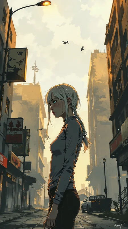 High-resolution semi-realistic anime-style illustration, bold digital brushwork with textured painterly strokes, upper body shot of a young woman standing in the middle of an abandoned city at dawn, golden morning light breaking through thick fog, casting long shadows. Her ash-blonde hair is styled into loose twin braids, strands falling across her weary blue eyes, her lips slightly parted as she exhales into the cold air. She wears a tight, turtleneck sweater that hugs her figure. The cracked pavement beneath her is lined with overgrown weeds, faded billboards flicker weakly above empty storefronts, and distant crows circle over a collapsed bridge. Painterly muted grays, soft golds, and cold blues, creating a melancholic yet subtly alluring post-apocalyptic atmosphere <lora:Evangelion_Post-impact_Apocalyptic_Style_Flux.1_D_by_AutoPastel-000019:0.8> <lora:RM_Illustrify_v1.0M:0.6> <lora:aidmaFluxProUltra-FLUX-v0.1:0.2>