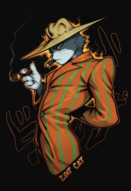 masterpiece, best quality, Graphic Design, color art, vibrant colors, colorful, intricate details, high contrast, detailed background, beautiful detailed, beautiful face, detailed eyes, detailed face, new, newest, z00tt0m, 1boy, solo, male focus, furry, cat, yellow sclera, green eyes, grey fur, whiskers, hat, formal, suit, striped jacket, striped pants, simple background, black background, upper body, dutch angle, dynamic pose, (jojo pose, orange aura, menacing), perspective, dutch angle, looking at viewer, smoking, cigar, from side,