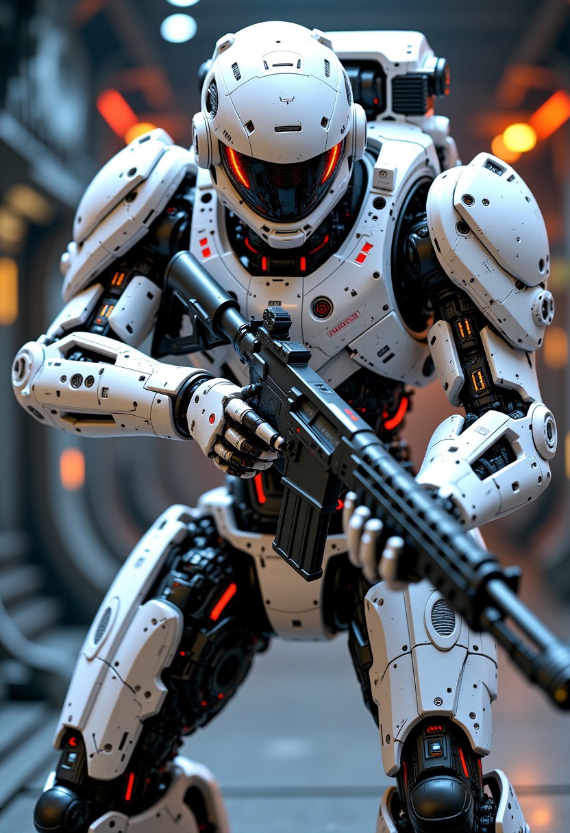 mythp0rt, closeup portrait of a high end bipedal robot battle unit, white and neon power armor, detailed cyberhelmet, robot joints and circuits, holding an assault rifle, aiming at the viewer, on the deck of a futuristic starship, intricate detail. Perfect Composition, realistic photographic image, RAW photo highest quality, perfect directional lighting,
