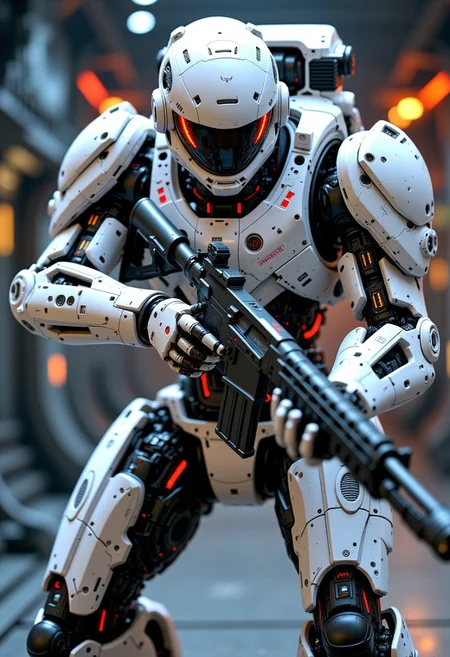 mythp0rt, closeup portrait of a high end bipedal robot battle unit, white and neon power armor, detailed cyberhelmet, robot joints and circuits, holding an assault rifle, aiming at the viewer, on the deck of a futuristic starship, intricate detail. Perfect Composition, realistic photographic image, RAW photo highest quality, perfect directional lighting,