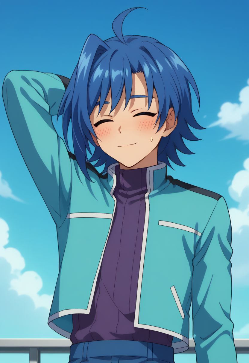 score_9, score_8_up, score_7_up, source_anime, highly detailed, 
aichi, 1boy, male focus, blue hair, solo, closed eyes, smile, ahoge, sweatdrop, turtleneck, purple sweater, blue jacket, long sleeves, blue pants, upper body, sweatdrop, blush, hand behind head,
outdoor, sky,