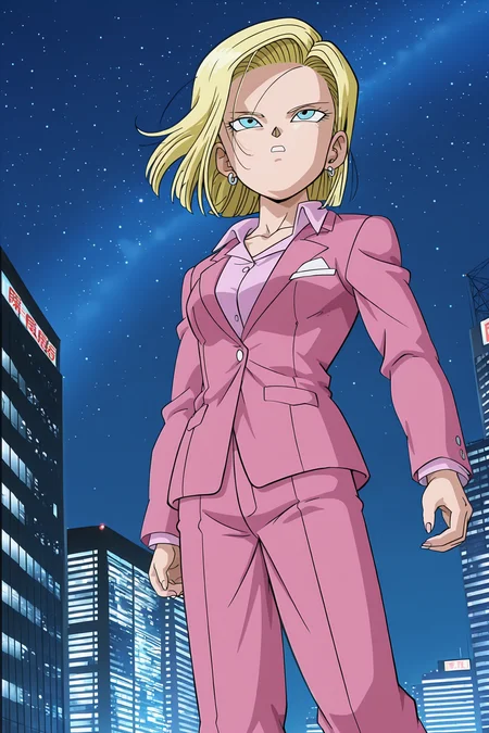 anime screencap, absurdres, high quality, official style,
android 18, super suit, official style, 1girl, solo, short hair, blue eyes, blonde hair, collared shirt, pink shirt, pink jacket, pink pants, silver earring, pants, formal, suit, wind, pink suit, collarbone, cowboy shot, city, v-shaped eyebrows, v-shaped eyes, eyelashes, fingernails, dappled moonlight, looking up at the sky, night sky, stars, from below,
<lora:Android_18_-_Dragon_Ball:0.8>