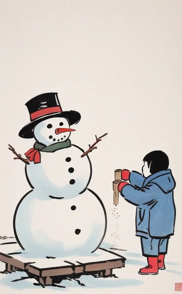 <lora:feng_zikai_style:1> chinese painting of kids are building snowman, snow, feng zika style