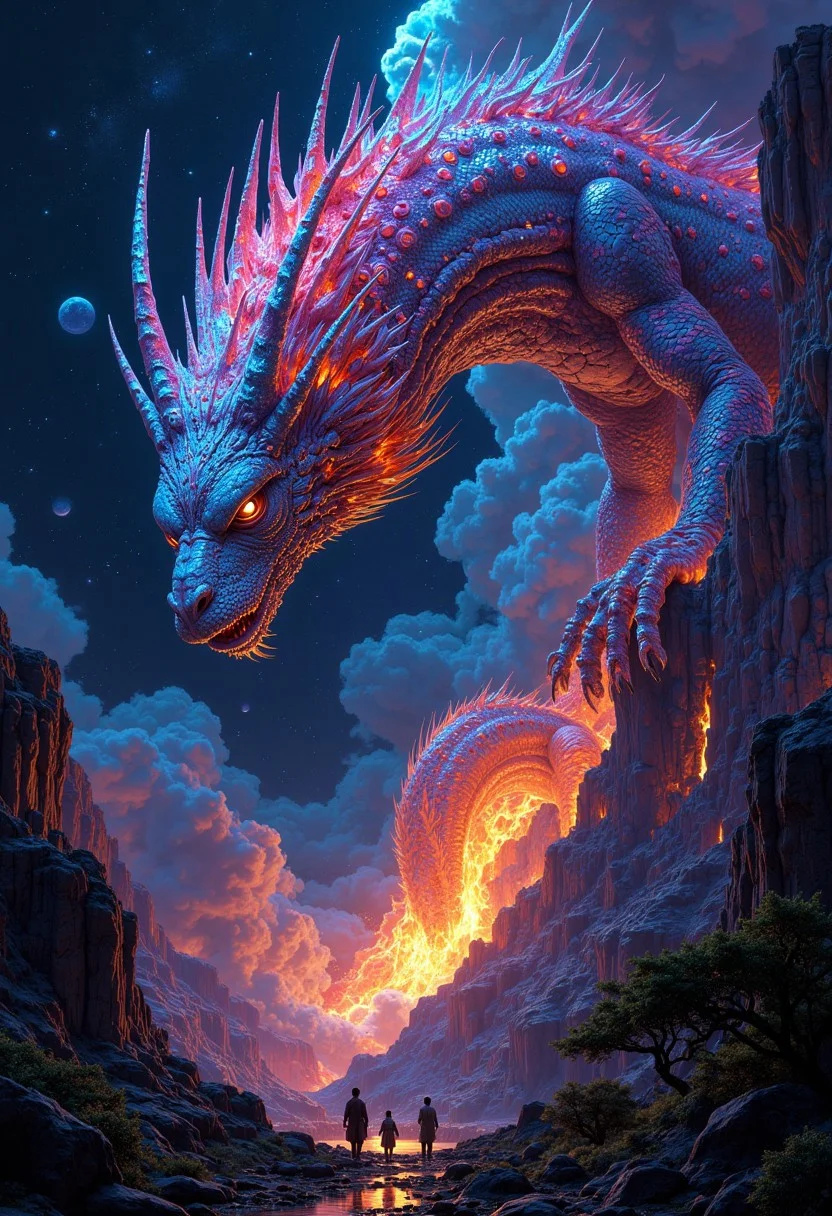 In a mesmerizing digital painting, A large space and below there is a fire in a open forest and a giant storm emerges, radiating vibrant bioluminescent hues against the dark expanse of space. Its otherworldly form is a symphony of colors, with scales that shimmer like precious gems and intricate patterns that seem to dance with life. Luminescent tendrils extend from its body, illuminating its surroundings with an ethereal glow. showcasing its celestial beauty in stunning high-definition.