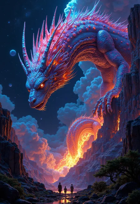 In a mesmerizing digital painting, A large space and below there is a fire in a open forest and a giant storm emerges, radiating vibrant bioluminescent hues against the dark expanse of space. Its otherworldly form is a symphony of colors, with scales that shimmer like precious gems and intricate patterns that seem to dance with life. Luminescent tendrils extend from its body, illuminating its surroundings with an ethereal glow. showcasing its celestial beauty in stunning high-definition.