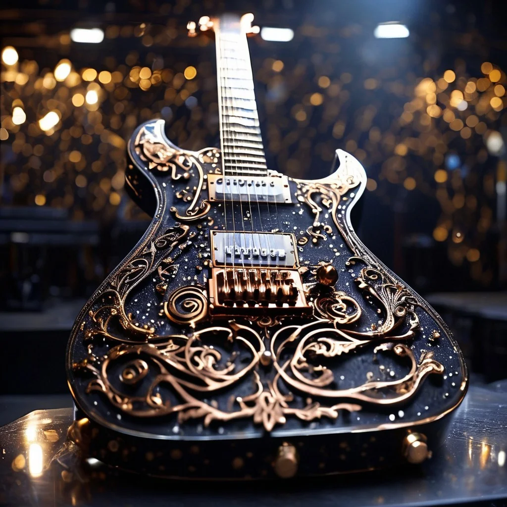 RAW photo of a very detailed reflective guitar with whimsical elements, dark studio, magical glowing podium, reflective enviroment, spot lights, fantasy style, black and gold colors, big white diamonds on the guitar, strong depth of field, darkness, dramatic, dusty black theme, intricate details, ultra sharp, exquisite detail, flawless composition, vivid colors, masterpiece, exciting background, timeless elegant and Exquisite Copper Ornaments