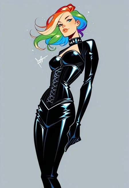 score_9, score_8_up, score_7_up, dutch_angle, from_below, footwear_focus, simple_background.
BREAK
A beautiful petite woman in her 20s with a rainbow hair in black leather bodysuit, long sleeves, cowboy shot, head turned, looking at viewer, hair flowing, head tilted, black rubber gloves, corset, HW_Corset, collar, tight black latex pants, belts, slim body, posing in a rainy street