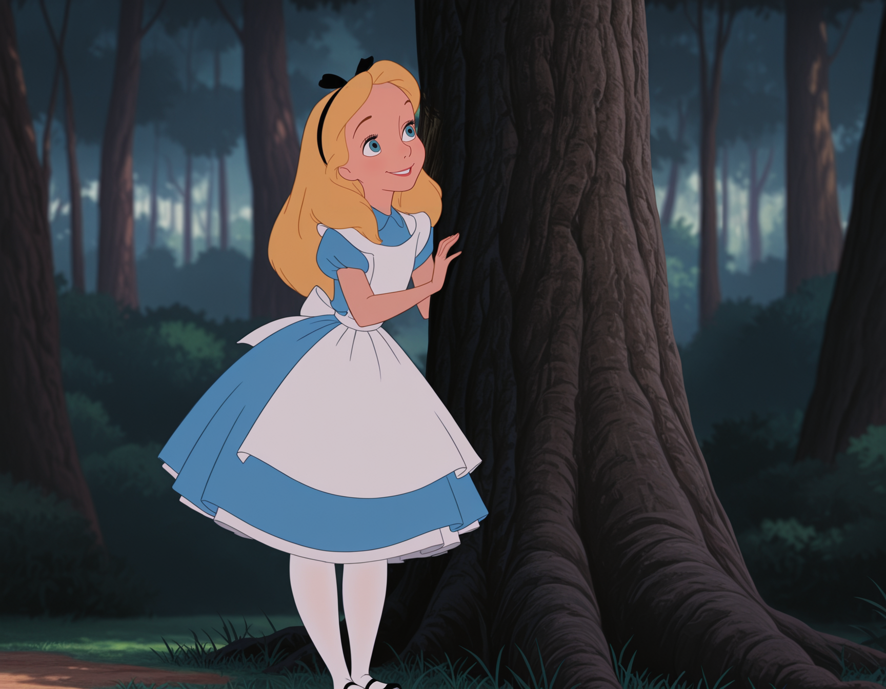 <lora:@CFG Scale Boost:0.2>
<lora:Illustrious - Disney Animation:0.8> disney animation,
<lora:Alice_-_Disney_Illustrious:0.9> masterpiece, best quality, amazing quality, very aesthetic, absurdres, depth of field, blurry background, extremely detailed face, detailed eyes, (official style:1.2), screencap, (1950s \(style\),
alicexd, Alice in Wonderland, 1girl, solo, blonde hair, long hair, blue eyes,
hairbow, blue dress, apron, white back bow, white tights, white pantyhose, black mary janes,
forest, trees,
smile, leaning against tree,
full body,