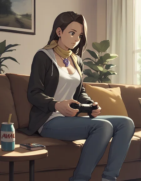 score_9, score_8_up, score_7_up, score_6_up, score_5_up, score_4_up,
<lora:mia-fey-aa-ponyxl-000070:0.8> aamia, hoodie, jeans, scarf, magatama necklace,
casual, living room, couch, playing games