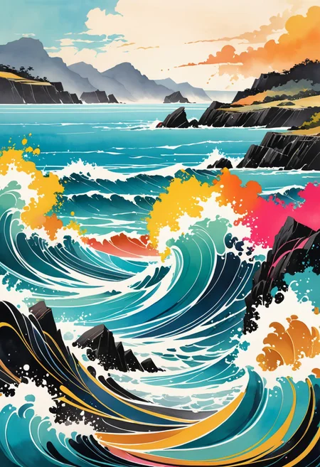 Seascape, serene coastal scenes, minimalist compositions, soft color palette, evocative atmosphere.
,ink painting, splatter art, chaotic patterns, overlapping colors, energetic composition, no central focal point, bold colors, rhythmic lines, spontaneous, subconscious emotion, rugged texture, thick paint