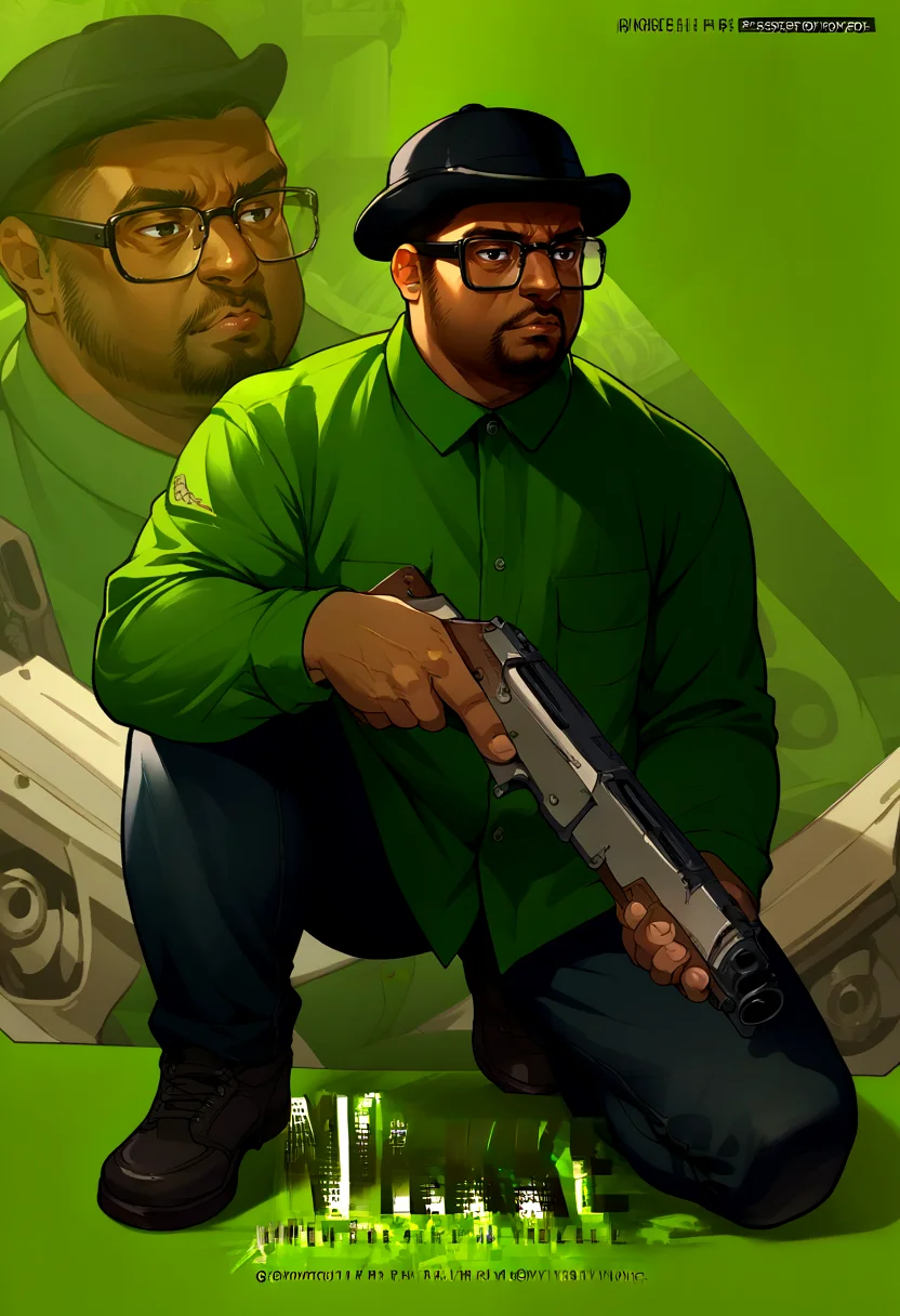 score_9, score_8_up, source_anime, 1boy, solo, male focus, BigSmoke, black eyes, dark-skinned male, facial hair, glasses, black headwear, green shirt, pants, <lora:BigSmoke_XLPD:1>, <lora:NIKKEProfile_PDXL:1.1> IncrsNikkeProfile, full body, zoom layer, one knee, holding weapon, holding gun