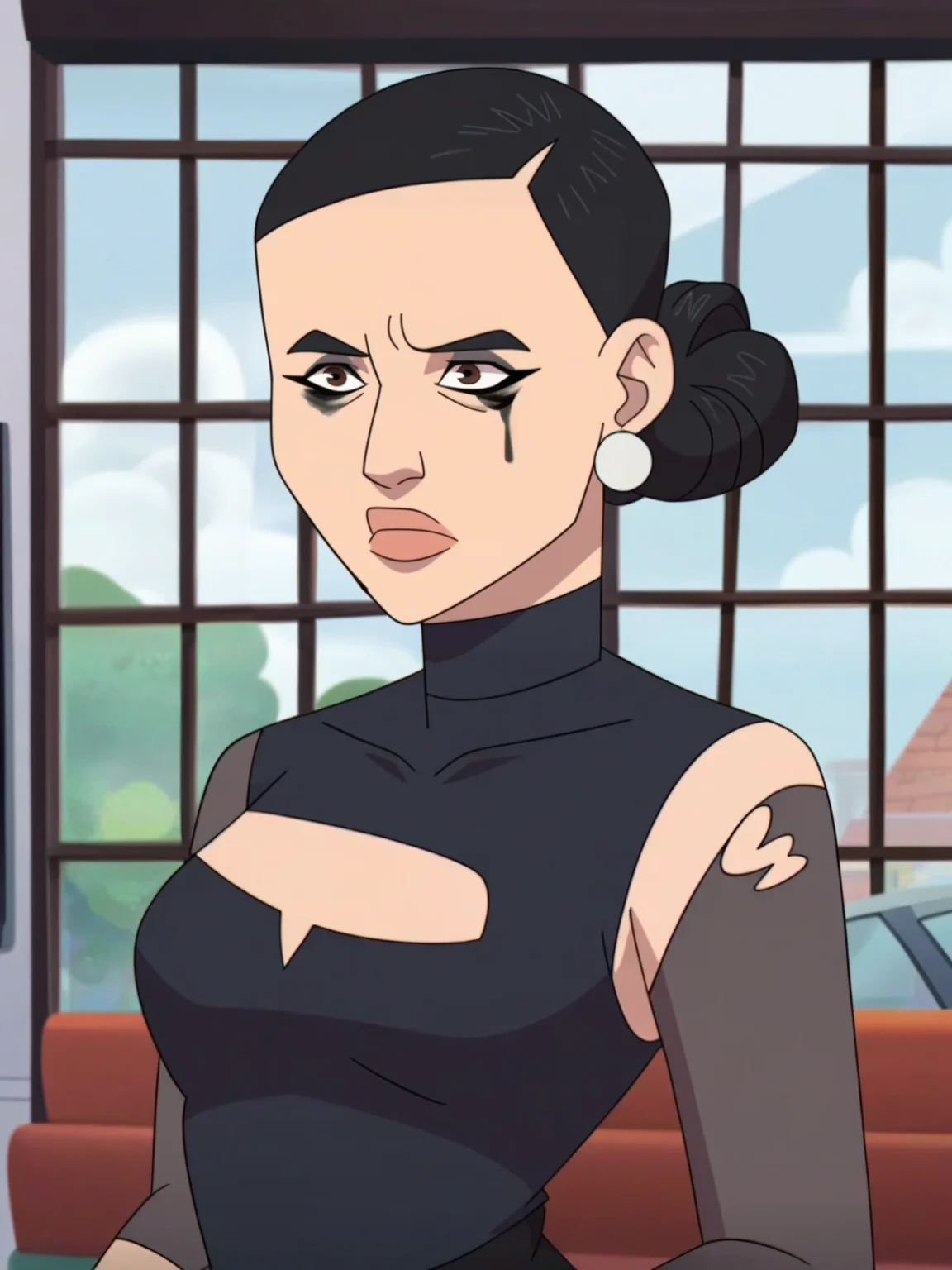 <lora:Debbie_G:0.7> db_gr, 1girl, asian, black bun hair, earrings, wrinkles under eyes, brown eyes, goth outfit, ((torn revealing clothes)), goth makeup, score_9, score_8_up, score_7_up,