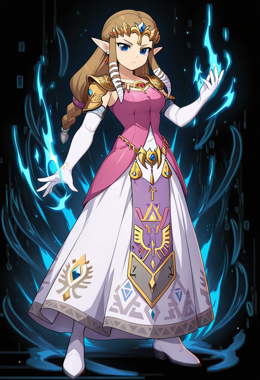 masterpiece, best quality, amazing quality, very aesthetic, absurdres, newest,shiny skin,, anime screenshot,  anime coloring, xdive, Serious expression, Zelda TP, Main Outfit, Heroine pose, standing, blue aura in hand, black background, full body,