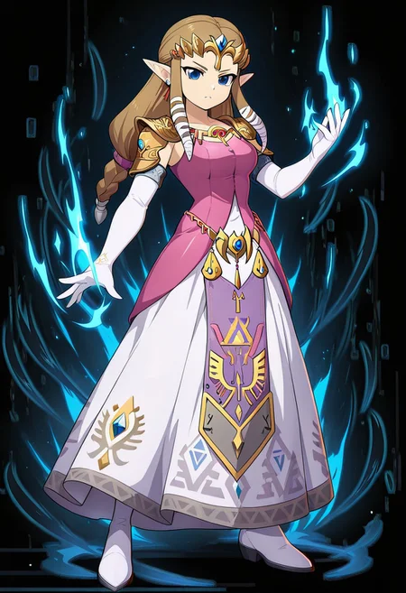 masterpiece, best quality, amazing quality, very aesthetic, absurdres, newest,shiny skin,, anime screenshot, anime coloring, xdive, Serious expression, Zelda TP, Main Outfit, Heroine pose, standing, blue aura in hand, black background, full body,