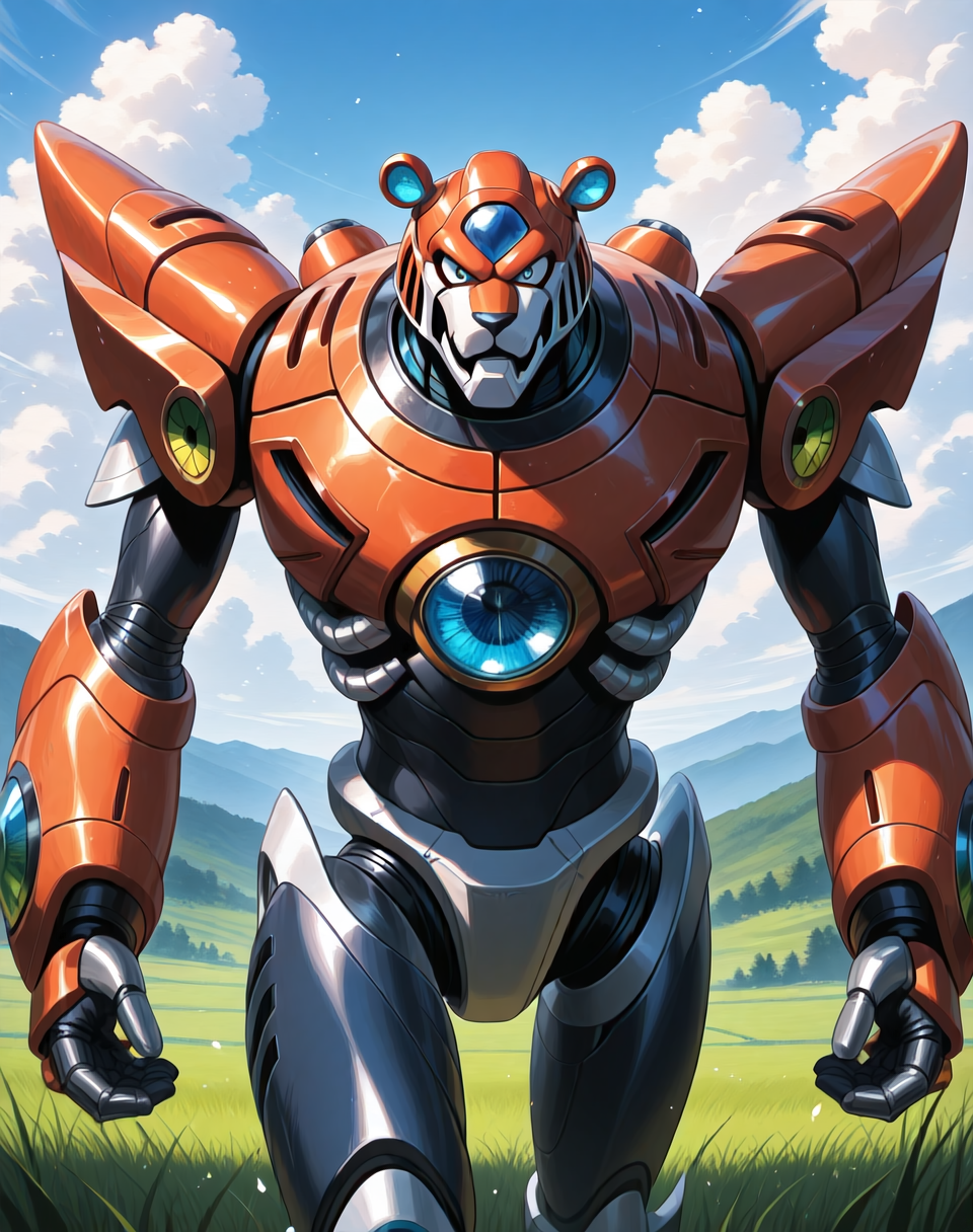 <lora:Neon_Tiger_(Mega_Man_X)_(Illustrious)_(AD):1> Neon Tiger, reploid, MMX, 
exterior, sky with clouds, grassy valley,
male focus, intense shadows, dynamic shadows, intricate details, attention to details, gradient coloring, bright vivid colors, robot, bent leg, glossy metal body, cowboy shot, 
BREAK very awe, masterpiece, best quality, amazing quality, very aesthetic, highres, absurdres, photographic realism, 8K CGI render,
EZRealPONYXL, zPDXL, Smooth Quality, lazynsfw,