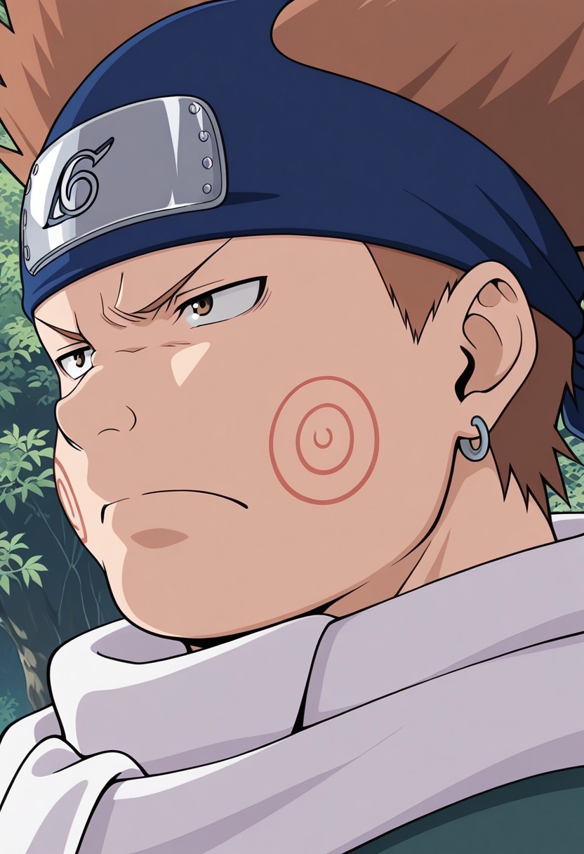 masterpiece, best quality, amazing quality, from side, choji akimichi, 1boy, fat, male focus, brown short hair, short hair tied upwards, pointed top hairstyle, headband, inverted triangle headband, fat face, cheek swirl pattern, white scarf, 1boy, male focus, solo, earrings, ninja, frown, closed mouth, konohagakure symbol, serious, close mouth, face pov, close up, portrait