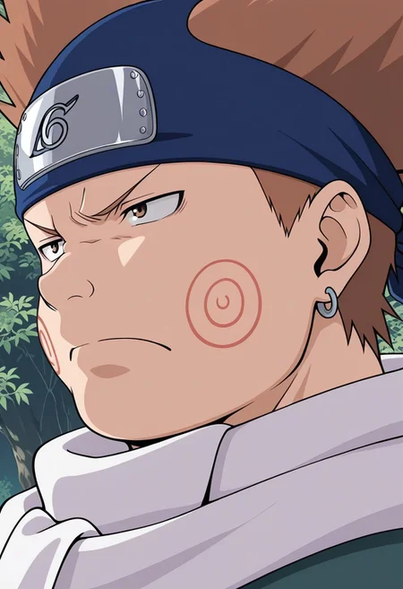 masterpiece, best quality, amazing quality, from side, choji akimichi, 1boy, fat, male focus, brown short hair, short hair tied upwards, pointed top hairstyle, headband, inverted triangle headband, fat face, cheek swirl pattern, white scarf, 1boy, male focus, solo, earrings, ninja, frown, closed mouth, konohagakure symbol, serious, close mouth, face pov, close up, portrait