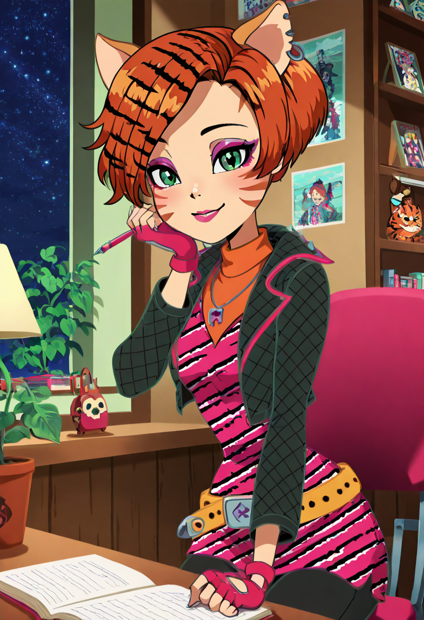 masterpiece, best quality, solo, curvy, beautiful eyes, narrow waist, wide hips, 1girl, solo, smile, looking at viewer, foreshortening, close up, anime screenshot,    ,<lora:ToraleiMH_IXL:1.0>, zzToralei, green eyes, cat ears, tiger ears, hair over one eye, brown hair, multicolored hair, orange hair, red hair, short hair,  whisker markings, facial mark,   makeup, gloves, jewelry, jacket, fingerless gloves, piercing, earrings, animal print, ear piercing, pink dress, black pants, C0utur3Cr4z3, <lora:CoutureCraze_IXL:0.5>,, zzLofi, sitting, side view, desk, chair, book, bookshelf, head rest, holding, holding pen, lamp, night, open book, pen, plant, potted plant, sky, star (sky), starry sky, window, windowsill, writing, <lora:LofiGirl_Style_IXL:0.8>,