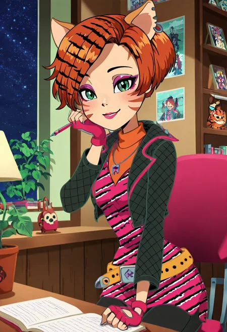 masterpiece, best quality, solo, curvy, beautiful eyes, narrow waist, wide hips, 1girl, solo, smile, looking at viewer, foreshortening, close up, anime screenshot, ,<lora:ToraleiMH_IXL:1.0>, zzToralei, green eyes, cat ears, tiger ears, hair over one eye, brown hair, multicolored hair, orange hair, red hair, short hair, whisker markings, facial mark, makeup, gloves, jewelry, jacket, fingerless gloves, piercing, earrings, animal print, ear piercing, pink dress, black pants, C0utur3Cr4z3, <lora:CoutureCraze_IXL:0.5>,, zzLofi, sitting, side view, desk, chair, book, bookshelf, head rest, holding, holding pen, lamp, night, open book, pen, plant, potted plant, sky, star (sky), starry sky, window, windowsill, writing, <lora:LofiGirl_Style_IXL:0.8>,