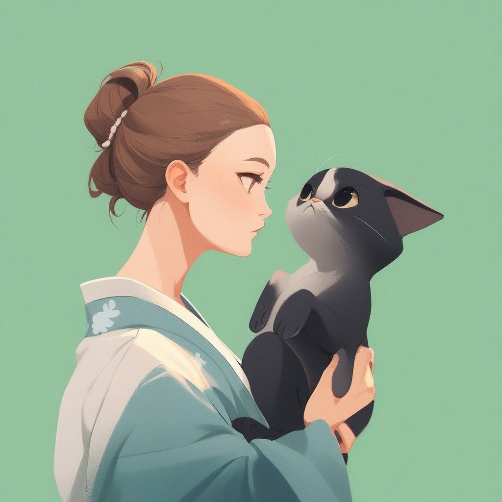 aaAR7fd, score_9,score_8_up,score_7_up,score_6_up, (2 different characters:1.9),(one human girl in kimono),BREAK, (hold one animal cat), green background, (forehead touch:1.3), profile,