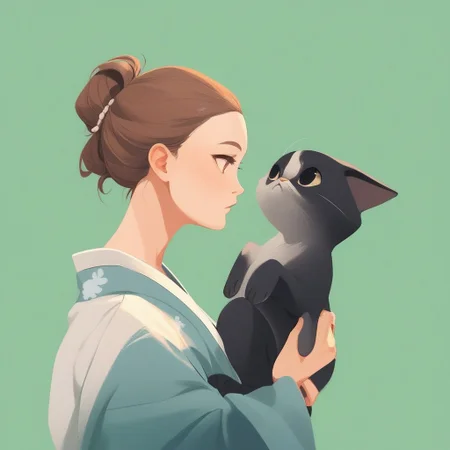 aaAR7fd, score_9,score_8_up,score_7_up,score_6_up, (2 different characters:1.9),(one human girl in kimono),BREAK, (hold one animal cat), green background, (forehead touch:1.3), profile,