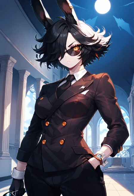 score_9, score_8_up, score_7_up,itzah,
BREAK,rabbit girl,monster girl,dark sclera,(flat breasts),mature woman,serious expression,short black hair,hair over eye,messy hair,(black fluffy rabbit ears:1.3),(pale skin),orange eyes,adjusting gloves,holding rectangular sunglasses,(double-breasted suits),elegant clothes,pocket watch,front angle,mansion scenery,indoors,hallway,(imposing vibes),night time,dynamic lightning,(tight clothes),abs,muscular,(slender figure)