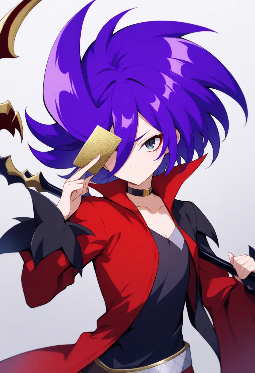 <lora:GaitoKurouzu_V1-1:1>,gaito kurouzu,death dragon sickle gale scythe,scythe,male focus,holding card,card,solo,1boy,holding,holding scythe,coat,(red coat:0.5),weapon,choker,one eye covered,between fingers,over shoulder,asymmetrical sleeves,asymmetrical clothes,asymmetrical legwear,mismatched legwear,trading card,masterpiece,high score,great score,absurdres,