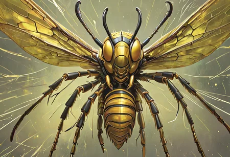 concept art of a hornet, yellow jacket, stinging somebody, angry expression, symmetrical iridescent wings, high quality, highly detailed,