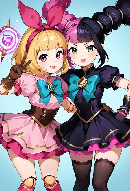 masterpiece, best quality, curvy, beautiful eyes, narrow waist, wide hips, smile, looking at viewer, dynamic angle, foreshortening, close up, C0utur3Cr4z3,
(2girls:1.1),
zzLylia, green eyes, black hair, cone hair bun, hair bun, long hair, multicolored hair, pink hair, purple hair, split-color hair, two-tone hair, dress, bow, short sleeves, thighhighs, black dress, puffy sleeves, puffy short sleeves, striped,
side by side, hug, magic, smug, hand on hip,
(angelamobile, looking at viewer, short hair, blonde hair, gloves, long sleeves, bow, ribbon, long hairband, bowtie, pink eyes, blue bow, brown gloves, pink clothes, puffy lips, v, joints:1.2)