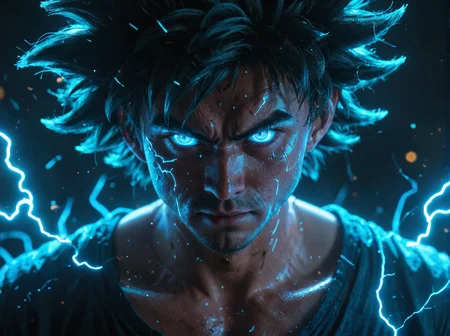 glowneon, Son Goku emitting sparks and electricity, dark cyan and white, glowing eyes, cinematic film still <lora:glowneon_xl_v1:1> <lora:add-detail-xl:0.8>
