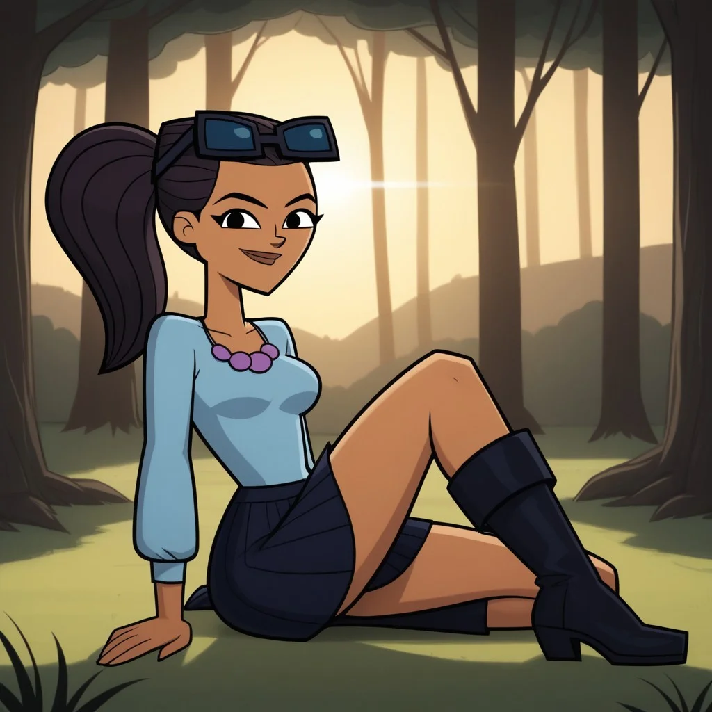 score_9, score_8, BREAK, solo, cyan long sleeves, 1girl, skirt, boots, dark brown hair, ponytail, eyewear on head, purple necklace, dark skin, black eyes, lips, breasts, total drama, Jen_(Total_Drama), tdtrr, sexy pose, smile, outdoors, sunlight, shadows, evening lighting, natural lighting, forest, trees, grass, orange sky, sunset